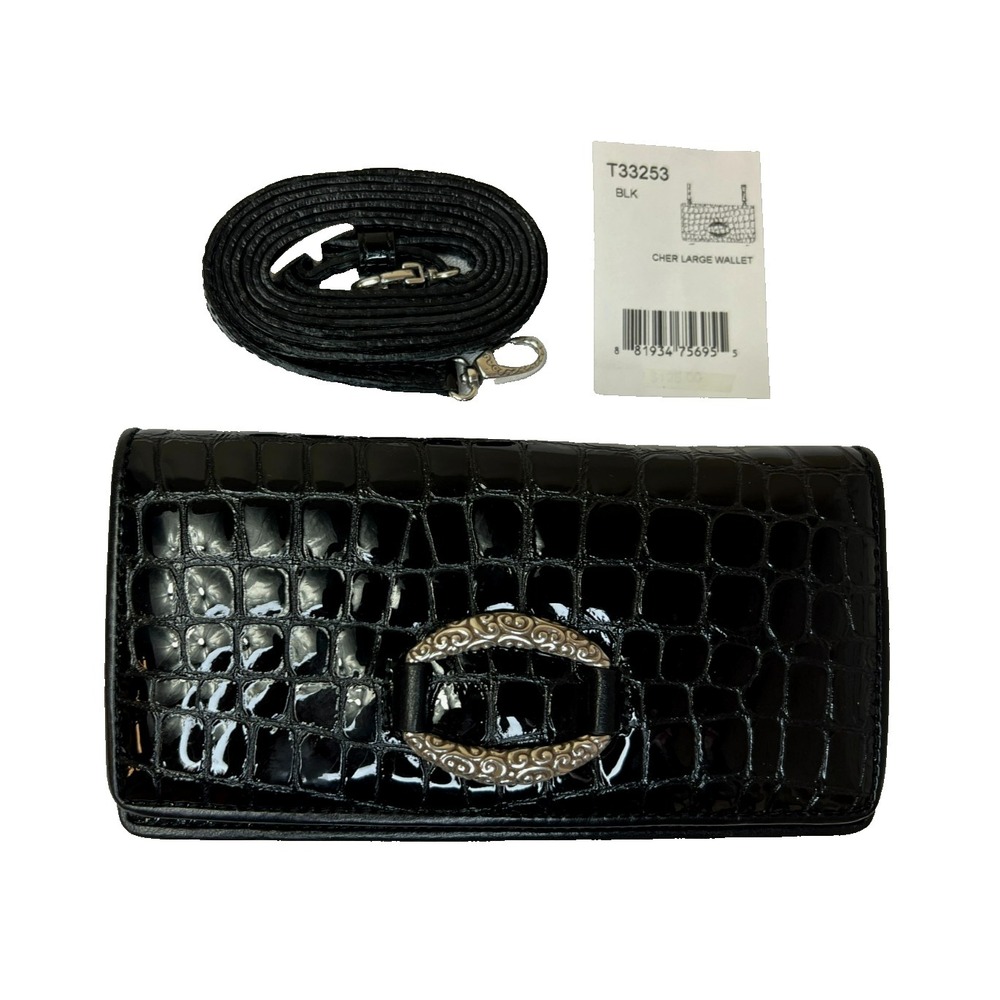 Brighton Cher Black Croc Patent Leather Wallet + Removable Cross Body Strap